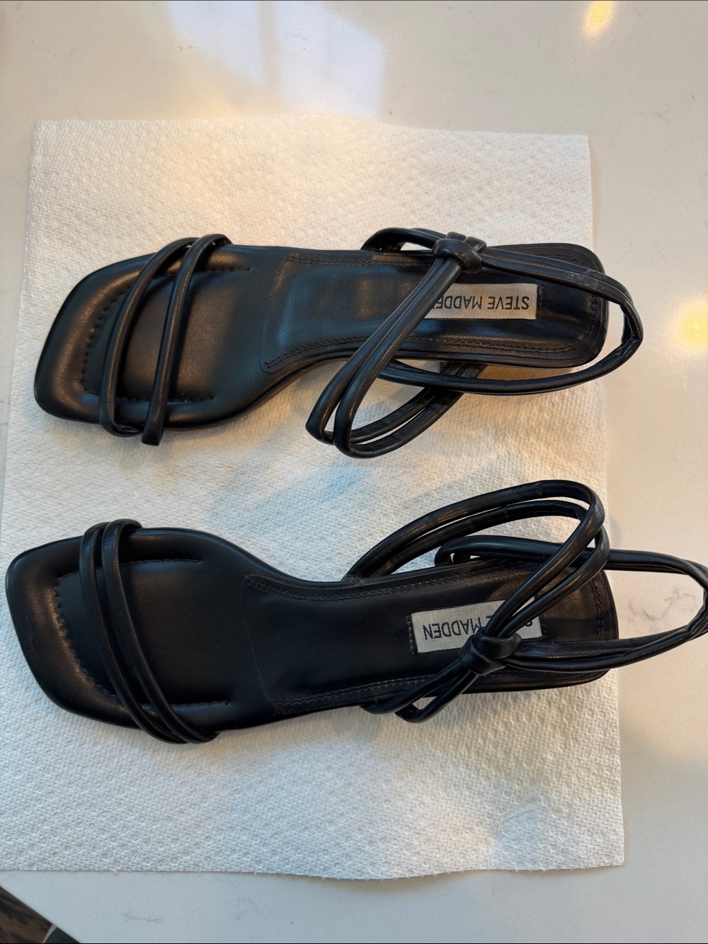 Steve Madden Black Strappy Square-Toe Sandals with Ankle Wrap